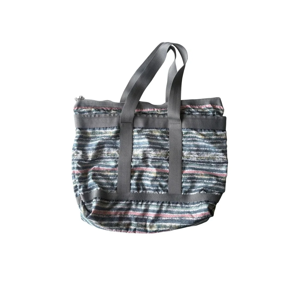 LeSportsac Large Nylon Tote Bag Multi Color Stripe Zip Top Shoulder Bag Grey